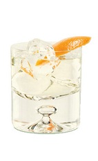 The Elderfashion is a clear colored drink made from gin, St-Germain elderflower liqueur and orange bitters, and served over ice in a rocks glass.