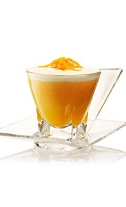 The English Breakfast Cocktail is an orange drink made from Beefeater gin, lemon juice, egg white, orange marmalade and Earl Grey tea, and served over ice in a rocks glass.