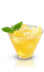 The Flatiron is an orange drink made from New Amsterdam gin, triple sec, mango nectar, lemon and basil, and served shaken over ice in a rocks glass.