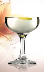 The Floral Martini cocktail recipe is made from Esprit de June liqueur, Gin G'Vine, dry vermouth and orange bitters, and served stirred in a chilled cocktail glass.