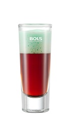 The Foamy After Eight is a brown and green shot made from vodka, dark creme de cacao and Bols Peppermint Green Foam liqueur, and served in a chilled shot glass.