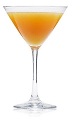 The Forbidden Apple is an orange cocktail made from Patron tequila, apple juice, ginger liqueur and orange flower water, and served in a chilled cocktail glass.