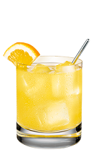 The French Peach is a yellow drink made form Smirnoff peach vodka, cognac, lemonade and passionfruit syrup, and served over ice in a rocks glass.