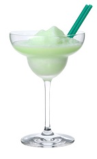 The Frozen Midori Milk drink is made from blending Midori melon liqueur, milk and cream with ice, and served in a chilled margarita glass.