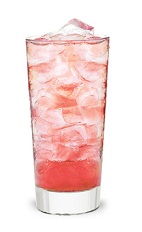 The Fuzz Ball is a pink drink made from peach schnapps, watermelon schnapps and club soda, and served over ice in a highball glass.