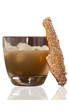 The Amarula Ginger Snap is a brown colored drink made from Amarula cream liqueur, white chocolate ganache and ginger syrup, and served over ice in a rocks glass.