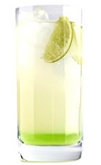 The Ginger Spice drink recipe is a flavorful cocktail with a greenish hue, made from Luxardo Spiced Apple sambuca and ginger ale, and served over ice in a highball glass garnished with a lime wedge.