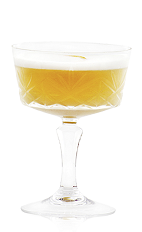 The Golden Tree is an exotic mixture of several tropical and equatorial flavors combined to create one of the perfect digestif cocktails. Made from aged rum, Cointreau orange liqueur, lime juice, vanilla liqueur, cinnamon, egg white and chocolate bitters, and served in a chilled cocktail glass or champagne coupe.