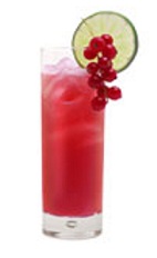 The Grand Romance is a sexy red drink made from Grand Marnier, lime juice, cranberry juice, bitters and raspberry syrup, and served over ice in a highball glass.