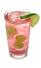 The Grape Cod is a pink drink made from Smirnoff grape vodka, cognac, Cointreau, cranberry juice, lime juice and simple syrup, and served with lime in a highball glass.