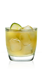 The Green Tequila Gimlet cocktail is a unique blend of 901 Silver tequila, lemon juice and green tea syrup, and served over ice in a rocks glass garnished with a cucumber slice.