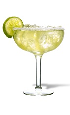 The Habanero Lime Margarita is a spicy green cocktail made from El Jimador tequila, lime juice, sour mix and Tabasco sauce, and served in a salt-rimmed margarita glass.