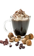 The Hazelnut Coffee is a nutty black drink made from Frangelico hazelnut liqueur, hot coffee, whipped cream and chocolate shavings, and served in a coffee mug.