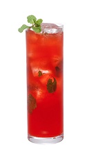 The Hen Do Berry drink is made from Midori melon liqueur, gin, raspberry puree, kumbava juice (small citrus, similar to lime), mint leaves and ginger beer, and served in a collins glass.