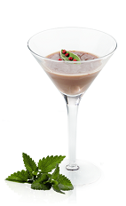 The Herbal Chocolate cocktail is a spicy dessert cocktail made from Mozart Dry chocolate liqueur, absinthe, Mozart Gold chocolate liqueur, peppercorns and sage, and served in a chilled cocktail glass.