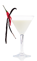 The Hot and White is a sexy and spicy cream colored cocktail made from vanilla vodka, Mozart White chocolate liqueur, heavy cream, absinthe, vanilla and chili, and served in a chilled cocktail glass.