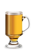 The Hot Apple Toddy is an orange drink made from sour apple schnapps, vanilla liqueur and hot apple cider, and served in an Irish coffee glass or a coffee mug.