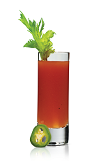 The Hot Bloody Shot is a miniature variation of the classic Bloody Mary drink. Made from Stoli Hot jalapeno vodka, tomato juice, lemon juice, horseradish and Worcestershire sauce, and served in a chilled shot glass.