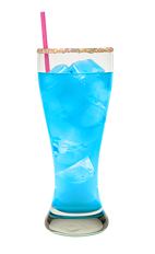 The Hpnotiq Hurricane is a blue drink made from Hpnotiq liqueur, rum, lemon juice, orange juice and club soda, and served in a sugar-rimmed pilsner glass.