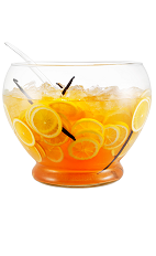 The Italian Spritz Punch drink is made from Galliano L'Autentico, Aperol and Prosecco. Served from a punch bowl or pitcher, and garnished with lemon slices.