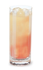 The Juicy Screw is a peach colored drink made from strawberry schnapps, vodka, orange juice and tonic water, and served over ice in a highball glass.