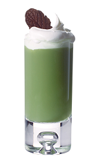 The Kahlua Mintslide is green colored cocktail loosely based on the classic mudslide drink, perfect to serve with dessert or as dessert. Made from Kahlua coffee liqueur, green crème de menthe, white crème de cacao and milk, and served blended in a chilled highball glass topped with whipped cream and a small cookie.