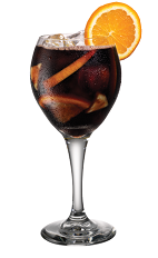 The Kahlua Sangria cocktail is made from Kahlua, red wine and fresh seasonal fruit, and served in a wine glass.