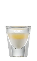 The Layered Colada is a summer party shot made from yoghurt liqueur, pineapple juice and coconut rum, and served in a chilled shot glass.