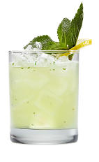 The Lemon Mojito is a yellow colored drink made from Smirnoff lemon vodka, lemon juice, mint leaves and club soda, and served over ice in a rocks glass.