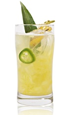 The Liquid Sunray is made from tequila, pineapple, lime juice, jalapeno, agave nectar and club soda, and served over ice in a highball glass.