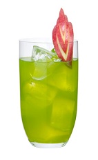 The Love Junk drink is made from a smooth blend of Midori melon liqueur, peach schnapps and apple juice, and served in a highball glass full of ice.