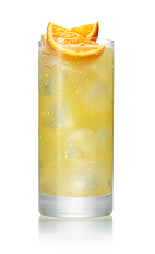The Main Squeeze drink is made from Stoli Ohranj orange vodka, orange juice and club soda, and served in a highball glass.