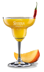 The Mango Margarita is a sweet and fruity drink perfect for summer at the pool. A yellow cocktail made from Sierra tequila, mango puree, lime juice, agave nectar and a chili pepper, and served in a chilled margarita glass.