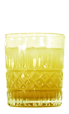 The Marco Polo is an orange colored drink made from Orangecello, Arrack, passion fruit syrup, lime juice and club soda, and served over ice in a rocks glass.