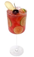 The Mayan Premonition may not have come true in 2012, but you can see one come to life any time you want. This red colored cocktail recipe is made from tequila, Luxardo cherry liqueur, ginger, lime juice and lemon-lime soda, and served over ice in a wine glass garnished with lime and cherry.