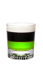 The Midori Buzz Shot is made by layering Midori melon liqueur, espresso and cream in a chilled shot glass.
