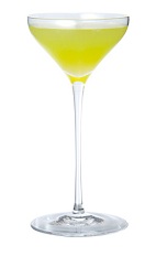 The Midori Illusion cocktail is made from Midori melon liqueur, triple sec, vodka, lemon juice and pineapple juice, and served in a chilled cocktail glass.