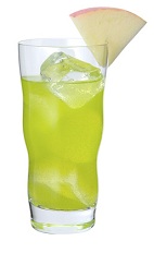 The Midori La Pomme drink is made from Midori melon liqueur, cognac, lemon juice and apple juice, and served in a highball glass over ice.