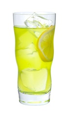 The Midori Lemonade drink is made from Midori melon liqueur and lemonade, and served over ice in a highball glass.