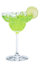 The Midori Margarita is made from Midori melon liqueur, tequila and sweet and sour mix, and served in a chilled margarita glass.
