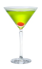 The Midori Martini cocktail is made from Midori melon liqueur, gin and dry vermouth, and served in a chilled cocktail glass.