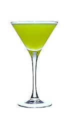 The Midtown Muse cocktail is made from Midori melon liqueur, Yamazaki whiskey, vanilla liqueur and bitters, and served in a chilled cocktail glass.