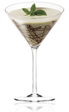 The Mint Amarula Splash is a brown colored drink made from peppermint schnapps, Amarula cream liqueur and heavy cream, and served in a chocolate garnished cocktail glass.