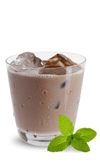 The Mint Chocolate Milk is a brown drink made from chocolate mint liqueur, mint and milk, and served over ice in a rocks glass.