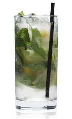 The Mint Fresh is a green drink made from Patron tequila, brandy, orgeat syrup, lemon, mint and club soda, and served over ice in a highball glass.