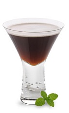 The Mint Mocha Martini is a brown cocktail made from chocolate mint liqueur, Kahlua coffee liqueur and vodka, and served in a chilled cocktail glass.