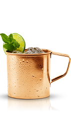 This variation of the classic Moscow Mule drink is made from New Amsterdam vodka, ginger beer, simple syrup, lime juice, mint and lime, and served over ice in a rocks glass.