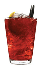 The Musta Marja drink recipe is made from Chymos blackberry liqueur and tonic water, and served over crushed ice in a highball glass garnished with a lemon wedge.