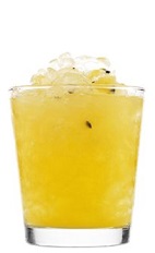 The Paradise Oh is a yellow colored drink recipe made from 42 Below Passion vodka, pineapple juice, lime juice, passion fruit, vanilla syrup and club soda, and served over ice in a rocks glass.