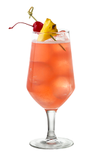 The Passion Fruit Mai Tai is a peach colored drink made from Smirnoff passionfruit vodka, amaretto almond liqueur, lime juice and grenadine, and served in a parfait glass.